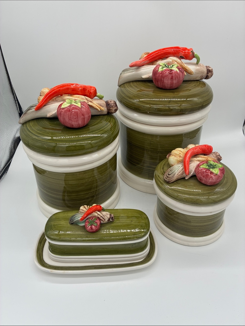 Garden harvest Olive Green Ceramic Kitchen Canister Set with Vegetable Accents